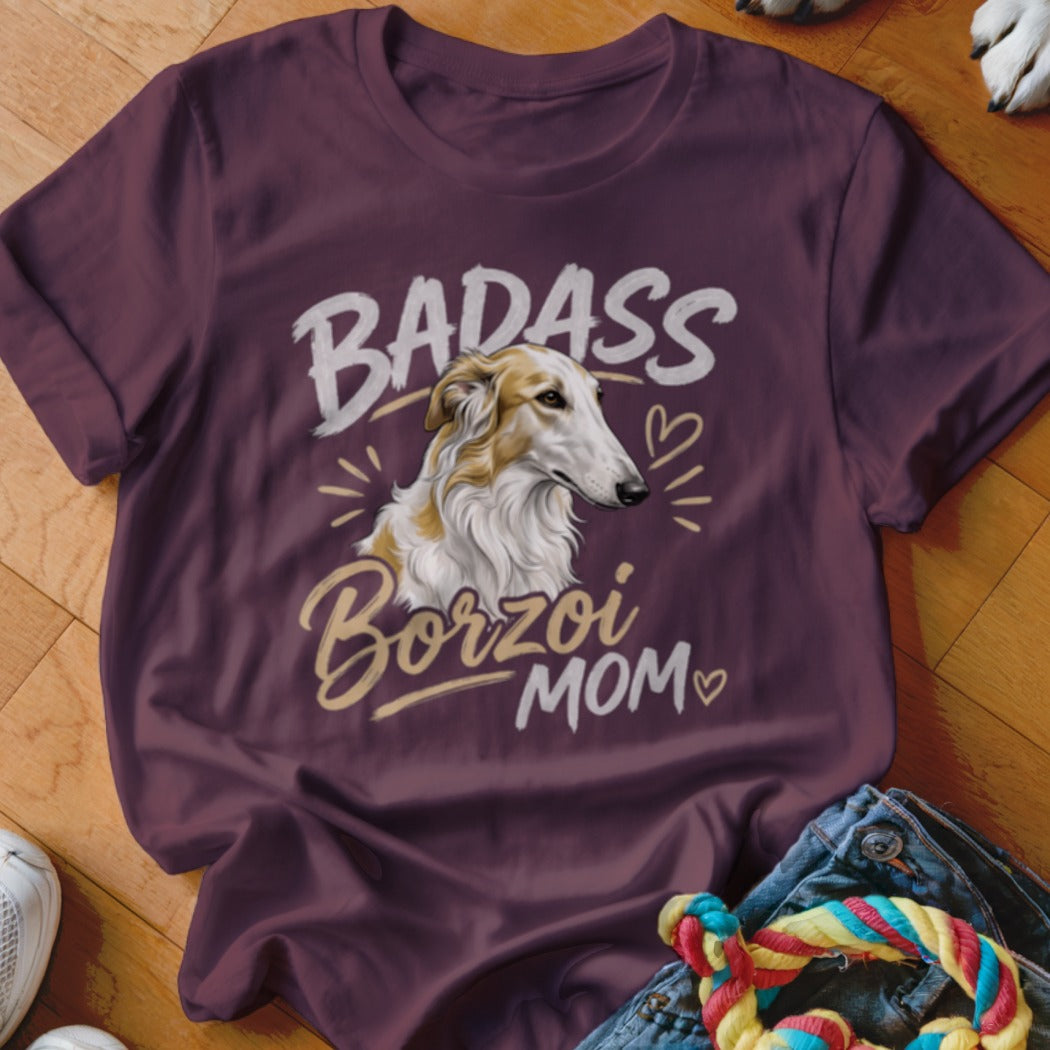 Maroon short-sleeved t-shirt featuring a graphic of a Borzoi dog and text reading Badass Borzoi Mom.