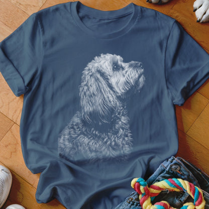 T-shirt with a grey portrait of a shaggy dog looking up and to the right.