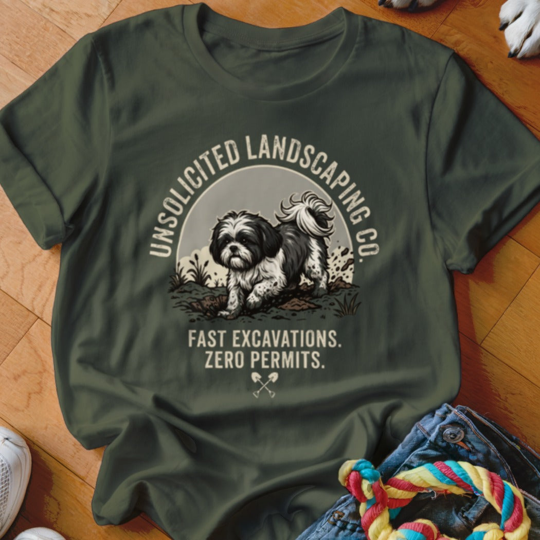 Shih Tzu dog digging dirt with text "Unsolicited Landscaping Co. Fast Excavations. Zero Permits."