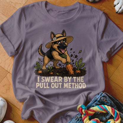 German Shepherd dog in hat pulls carrot from ground, text says "I SWEAR BY THE PULL OUT METHOD".