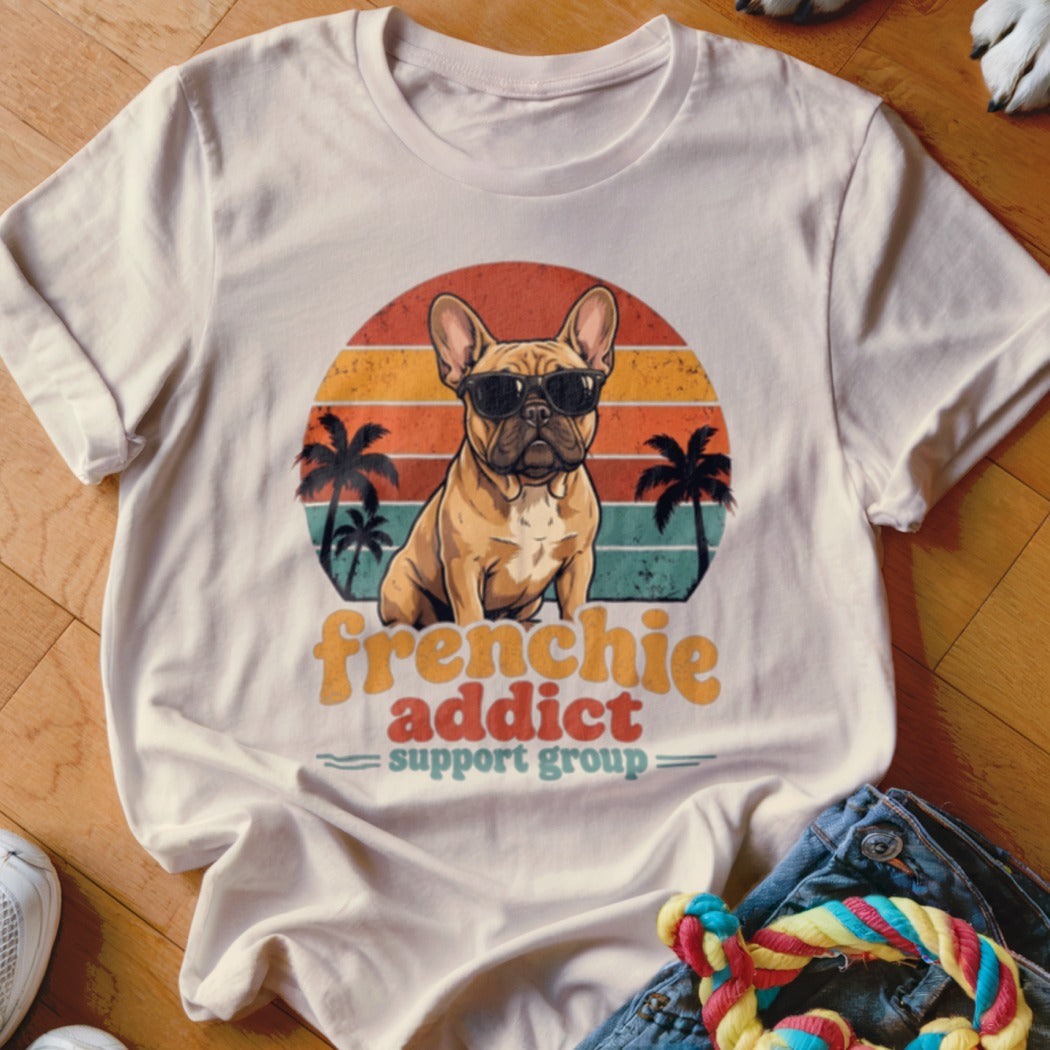 Light cream t-shirt with a vintage graphic of a French bulldog wearing sunglasses before a sunset.