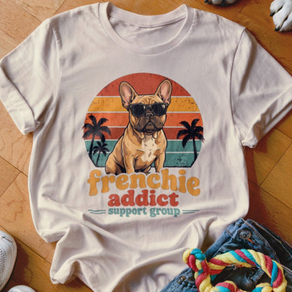 Light cream t-shirt with a vintage graphic of a French bulldog wearing sunglasses before a sunset.