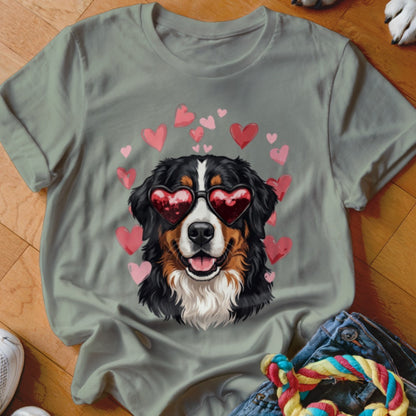Gray t-shirt featuring a Bernese Mountain Dog wearing heart-shaped sunglasses, surrounded by pink hearts.