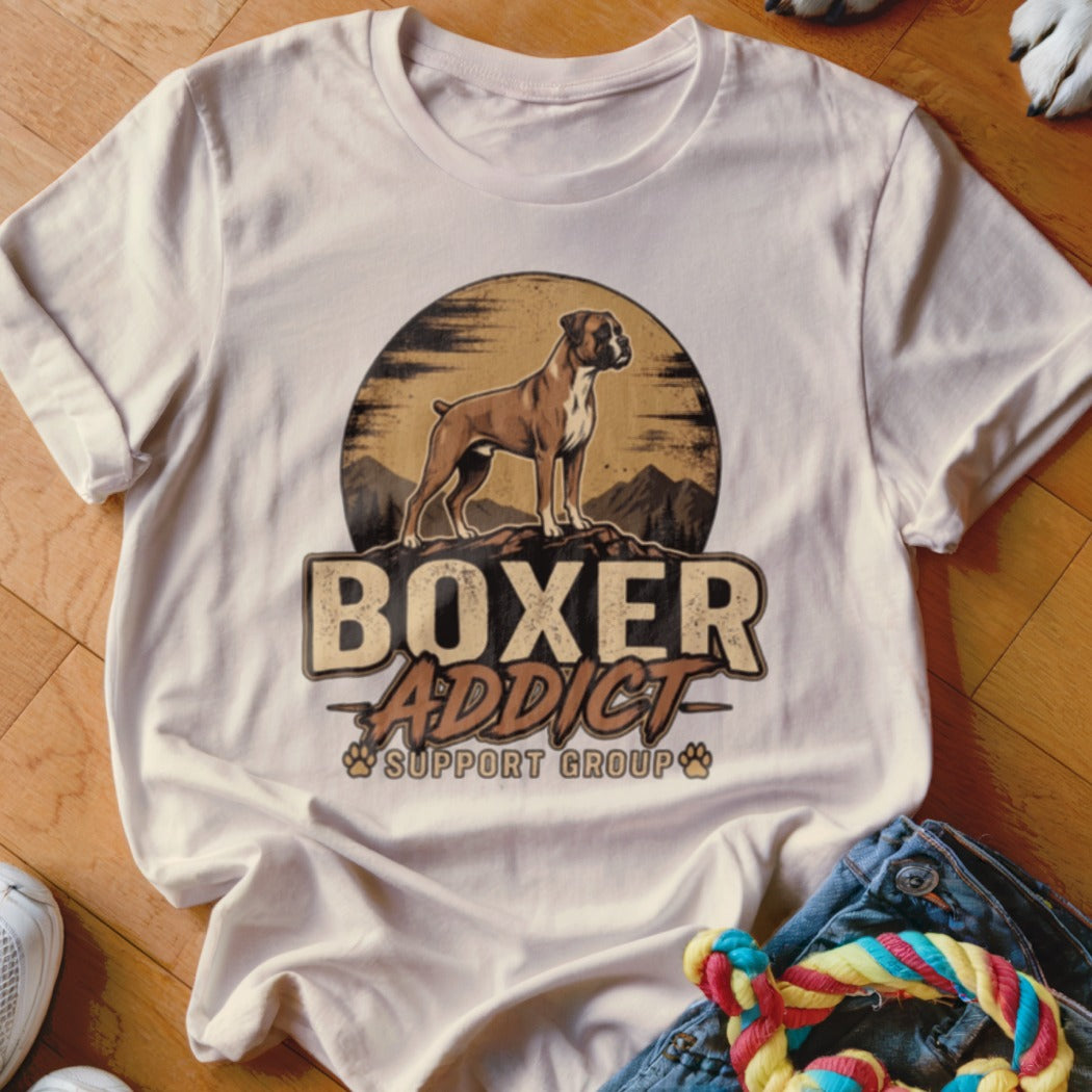 Beige crewneck t-shirt featuring a graphic of a boxer dog and the text Boxer Addict Support Group.