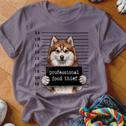 Husky mugshot t-shirt with text "professional food thief".