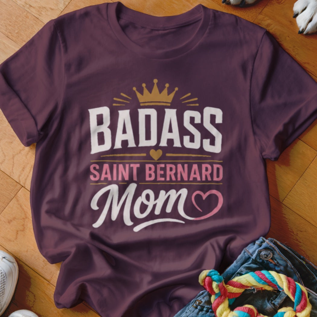 Burgundy t-shirt with "Badass Saint Bernard Mom" text and heart graphic.
