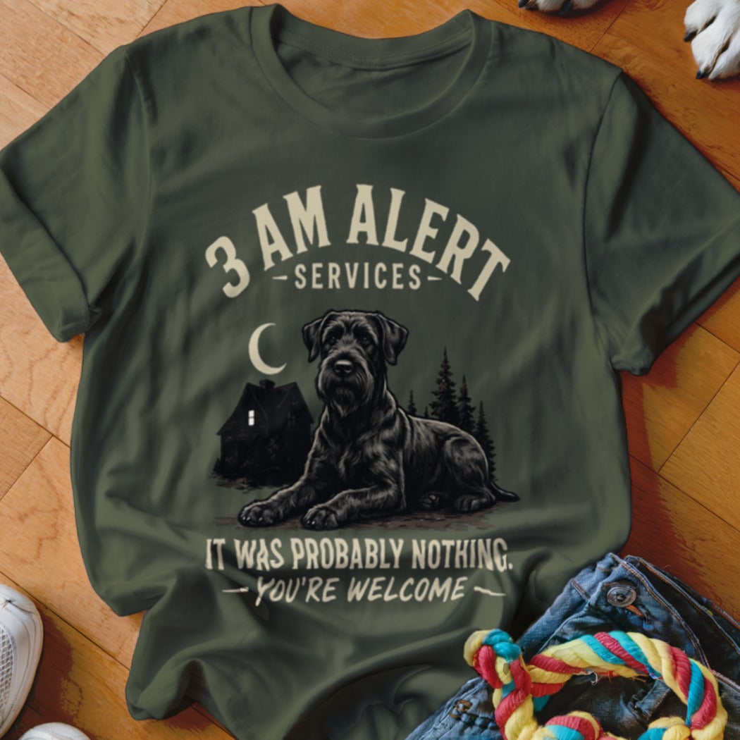 T-shirt graphic of black dog lying down with text "3 AM ALERT SERVICES" and "IT WAS PROBABLY NOTHING. YOU'RE WELCOME."