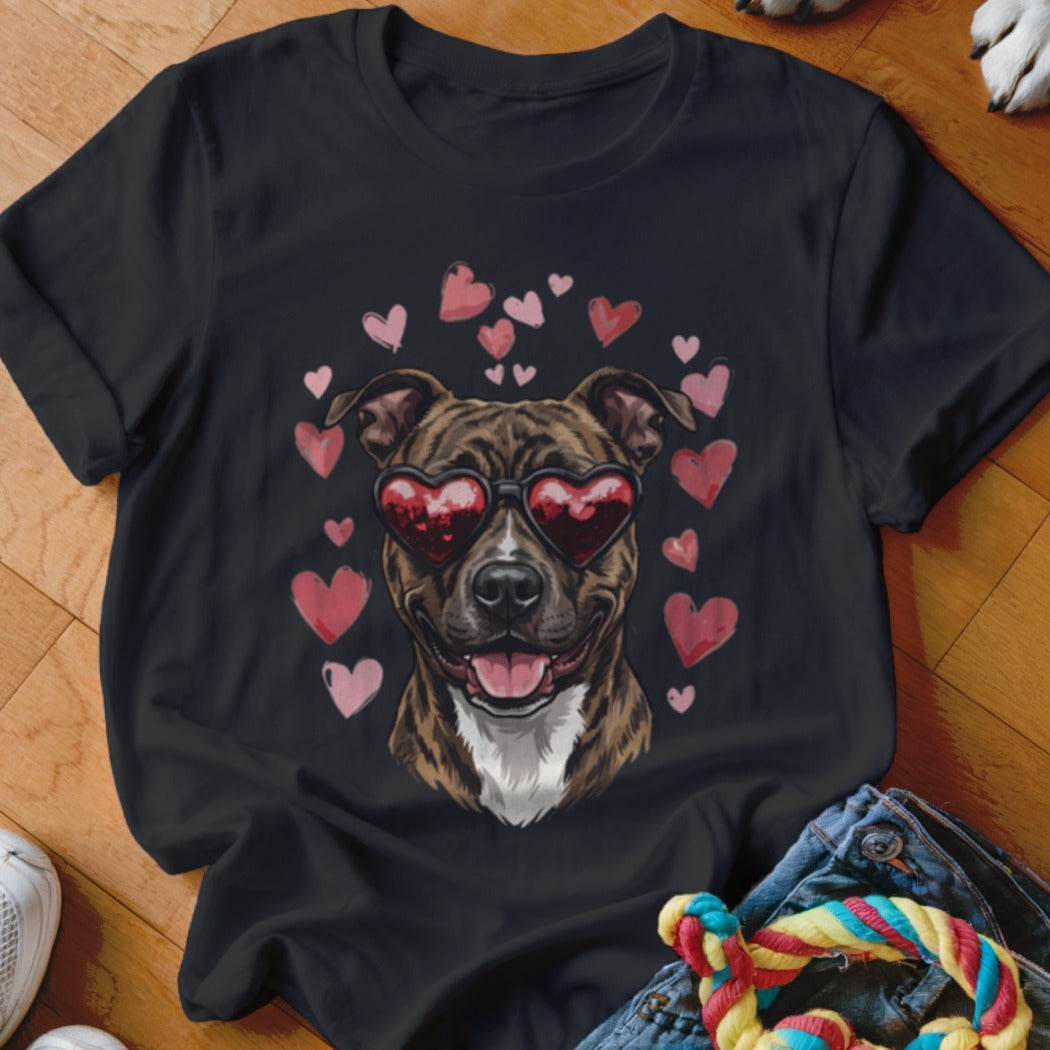 A black t-shirt features a graphic of a brindle dog wearing heart-shaped sunglasses surrounded by floating pink hearts.