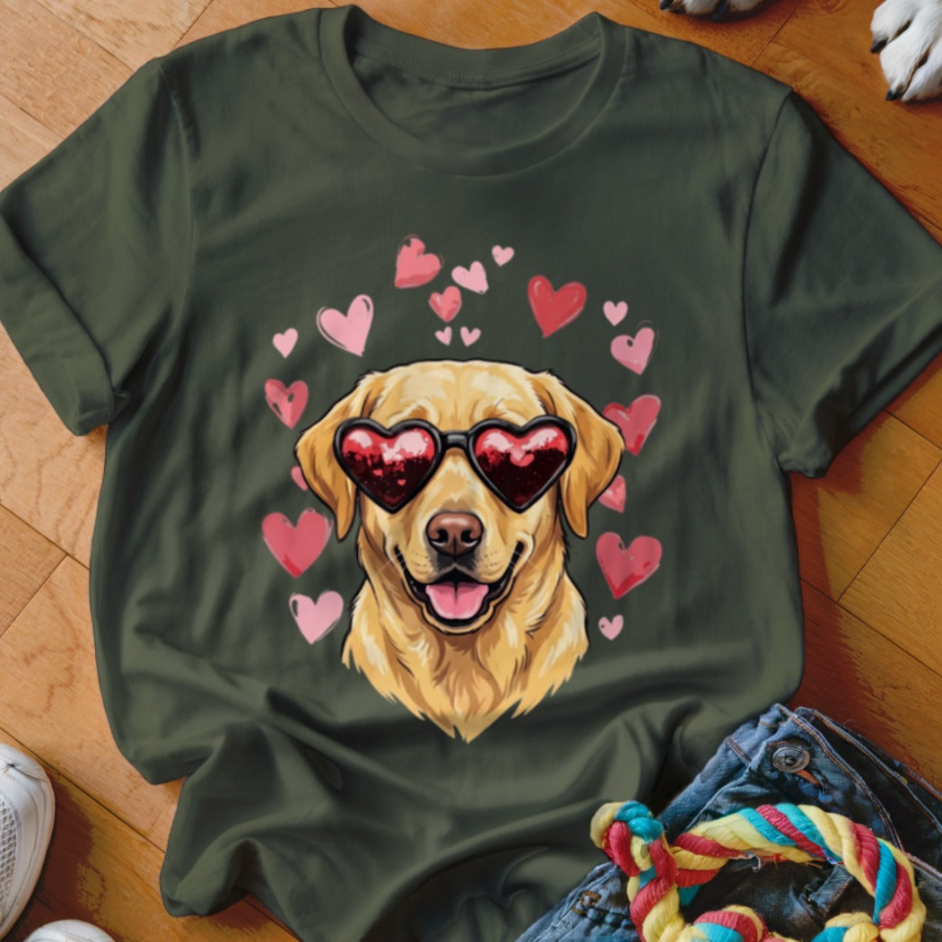 Dark green t-shirt featuring a Golden Retriever wearing heart-shaped sunglasses, surrounded by pink hearts.