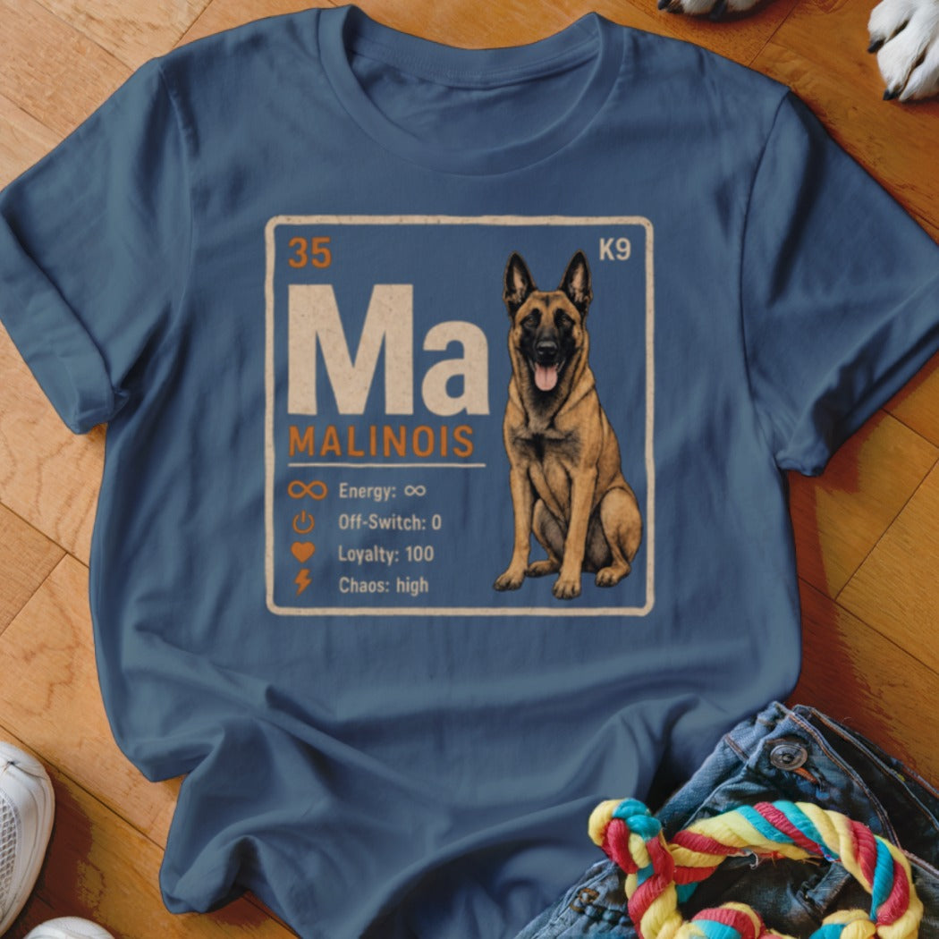 T-shirt with a periodic table element for Malinois dog featuring its traits.