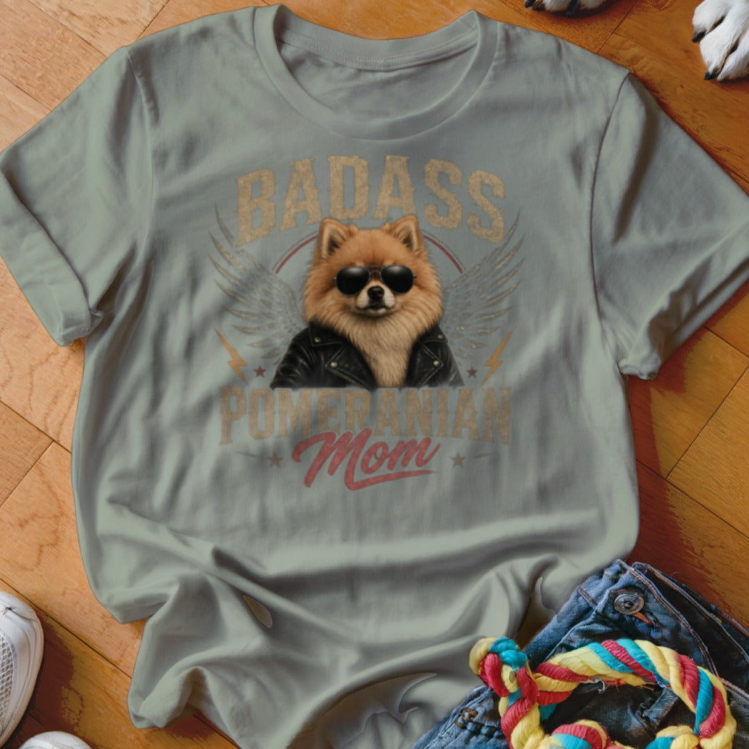 T-shirt graphic with a Pomeranian dog wearing sunglasses and a leather jacket, text "Badass Pomeranian Mom."