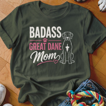 Dark green t-shirt with "Badass Great Dane Mom" text and a Great Dane illustration.