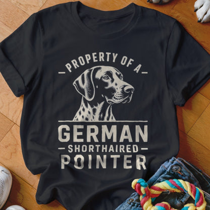 Black t-shirt with German Shorthaired Pointer dog graphic and text.