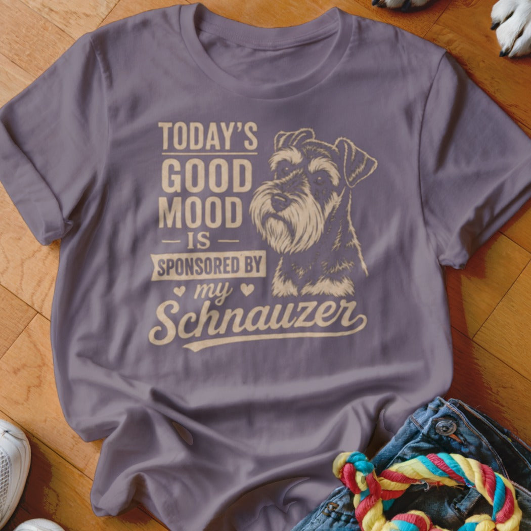 T-shirt with graphic that says "Today's Good Mood Is Sponsored By My Schnauzer" and a schnauzer illustration.