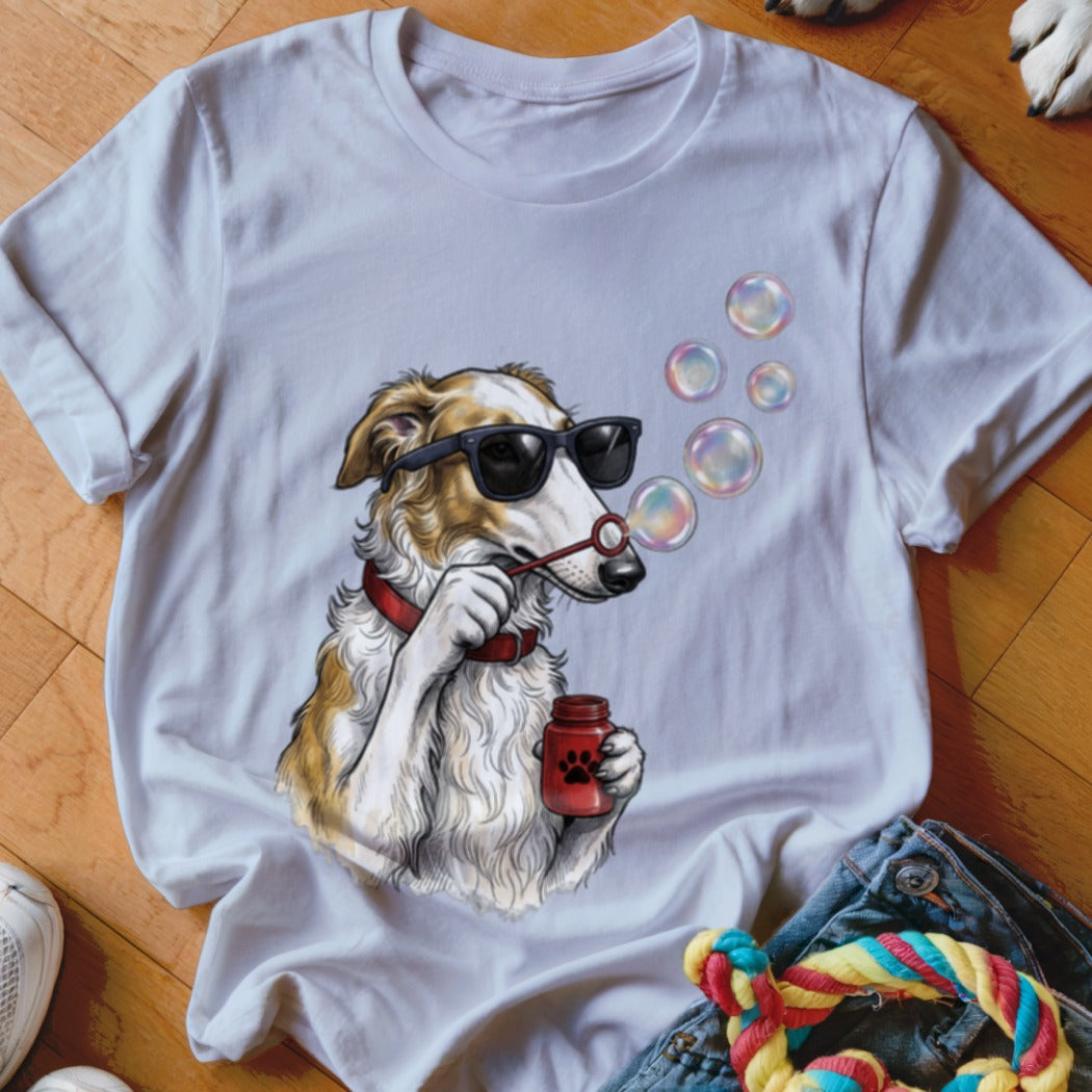 White crewneck t-shirt featuring a graphic of a dog in sunglasses blowing soap bubbles.