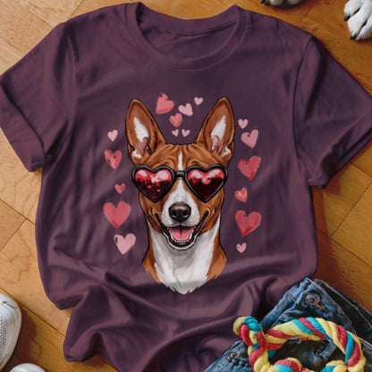 Dark maroon t-shirt featuring a Basenji dog wearing heart-shaped sunglasses, surrounded by pink hearts.