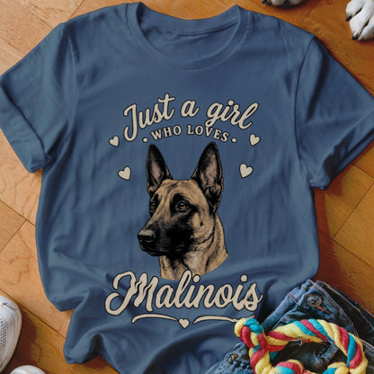 Blue t-shirt featuring a Belgian Malinois illustration and text that reads Just a girl who loves Malinois.