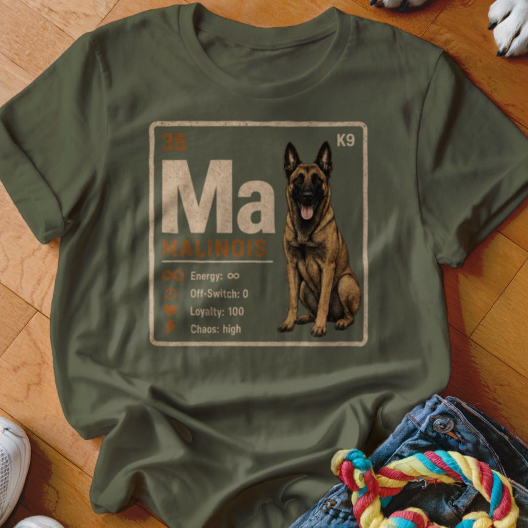 Green t-shirt with Malinois dog artwork in a periodic table style.