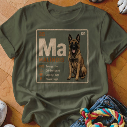 Green t-shirt with Malinois dog artwork in a periodic table style.