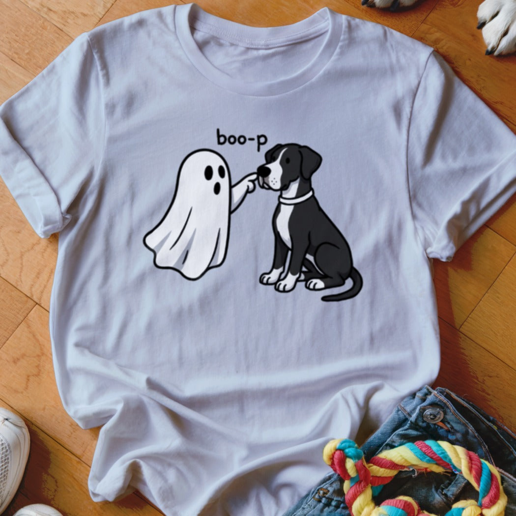 White t-shirt with a ghost character saying "boo-p" to a seated dog.