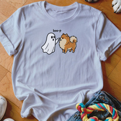 White t-shirt with a cartoon ghost booping a Pomeranian dog with "boo-p" text.
