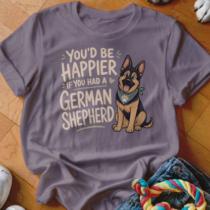 Purple t-shirt with text "You'd be happier if you had a German Shepherd" and illustration.