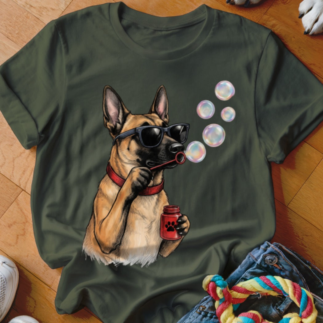 Dark green crewneck t-shirt featuring an illustration of a Belgian Malinois wearing sunglasses and blowing bubbles.