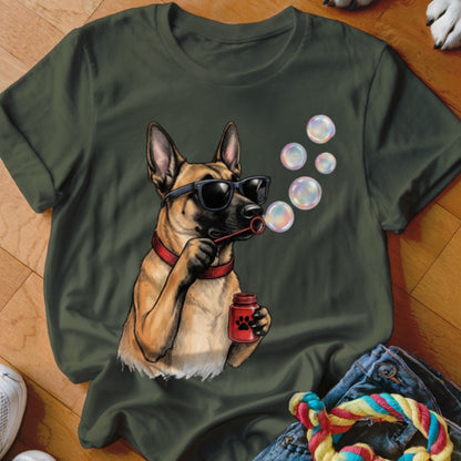 Dark green crewneck t-shirt featuring an illustration of a Belgian Malinois wearing sunglasses and blowing bubbles.