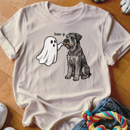 Ghost booping a Schnauzer dog with the word "boo-p" above.