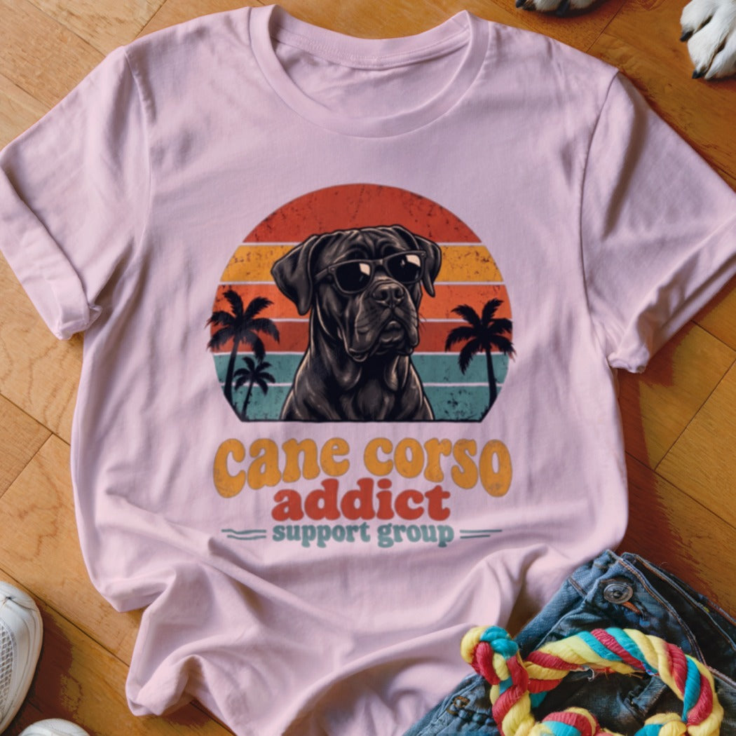 Light pink crewneck t-shirt featuring a retro Cane Corso graphic with sunglasses and the text Cane Corso Addict Support Group.