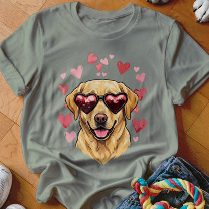 Sage green t-shirt featuring a golden retriever wearing heart-shaped sunglasses, surrounded by floating pink hearts.