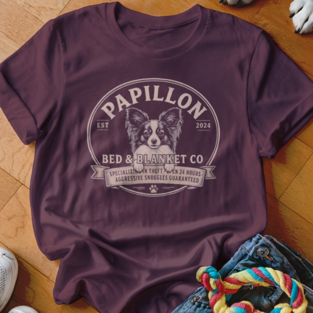 Burgundy t-shirt with "PAPILLON BED & BLANKET CO" graphic featuring a dog.