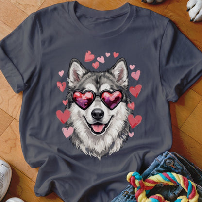 A dark grey t-shirt featuring a graphic of a husky wearing heart-shaped sunglasses surrounded by floating pink hearts.
