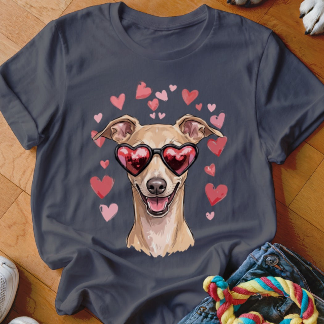 Charcoal grey t-shirt featuring a graphic of an Italian Greyhound wearing heart-shaped sunglasses surrounded by pink and red hearts.