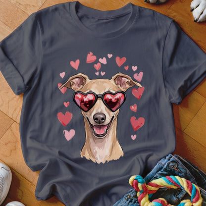Charcoal grey t-shirt featuring a graphic of an Italian Greyhound wearing heart-shaped sunglasses surrounded by pink and red hearts.