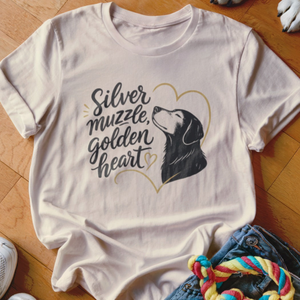 T-shirt with "Silver muzzle, golden heart" text and dog silhouette in a heart.