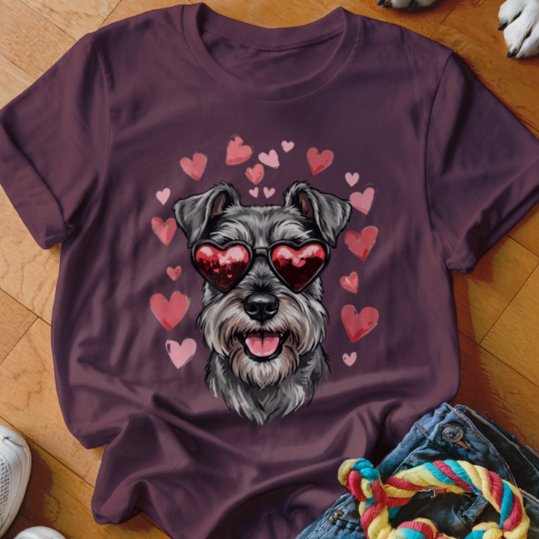 Maroon t-shirt featuring a graphic of a Schnauzer wearing heart-shaped sunglasses surrounded by pink hearts.