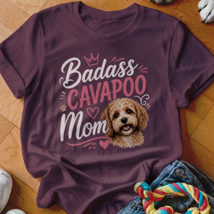 Maroon t-shirt with "Badass Cavapoo Mom" text and a Cavapoo dog graphic.