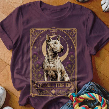 Dark purple t-shirt featuring a tarot card style graphic with a Bull Terrier, moon, and thistles.