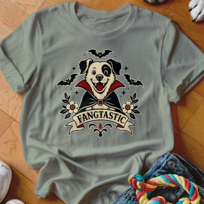 Dog dressed as a vampire with "FANGTASTIC" text and bats.