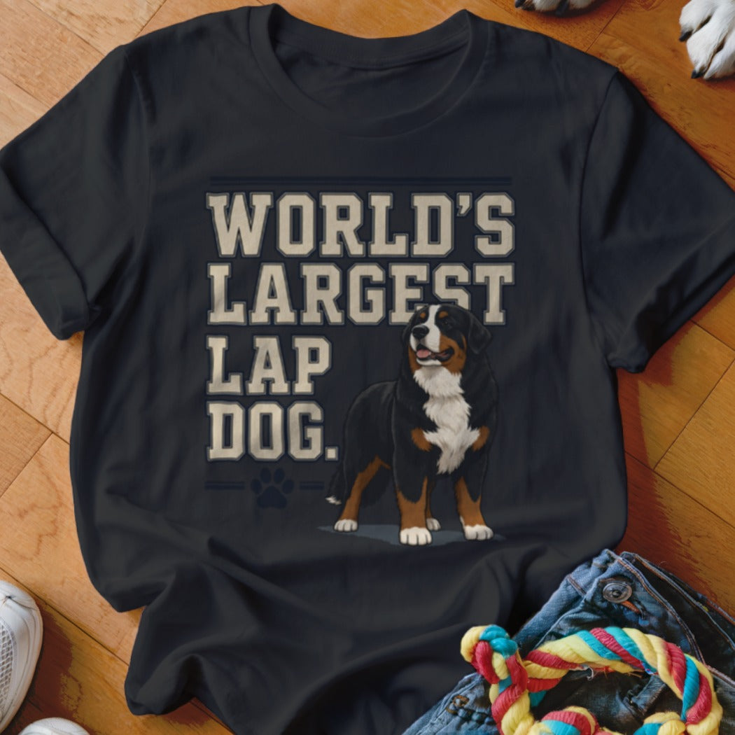 Black t-shirt with "World's Largest Lap Dog" text and a Bernese Mountain Dog illustration.