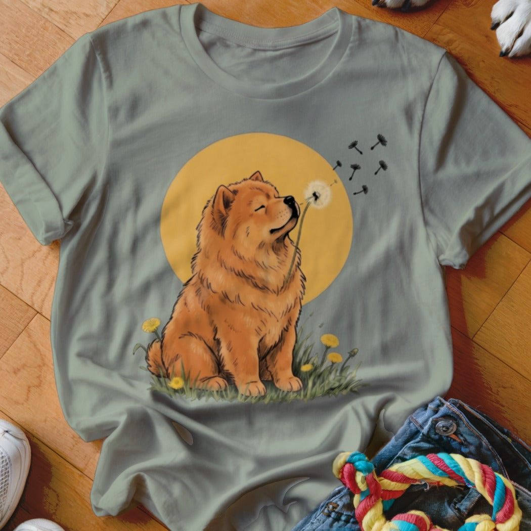 Sage green crewneck t-shirt featuring an illustration of a fluffy Chow Chow dog blowing dandelion seeds.