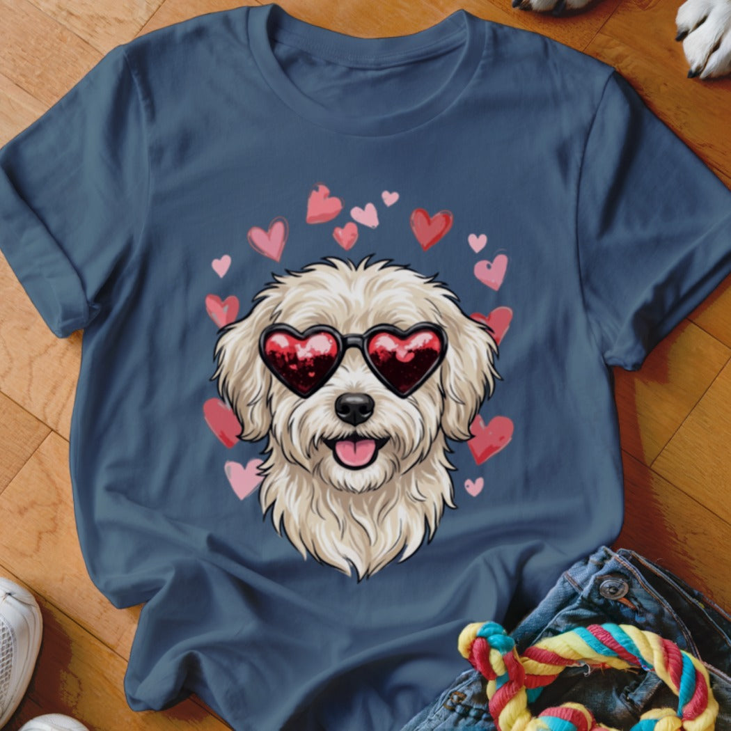 Blue t-shirt featuring a graphic of a fluffy white dog wearing heart-shaped sunglasses surrounded by pink hearts.