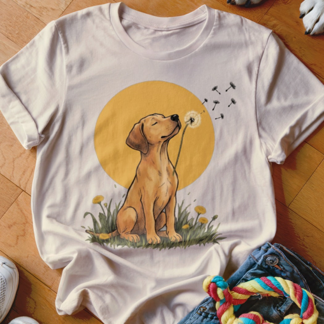 Cream-colored t-shirt featuring a yellow graphic of a labrador blowing dandelion seeds against a yellow circle.