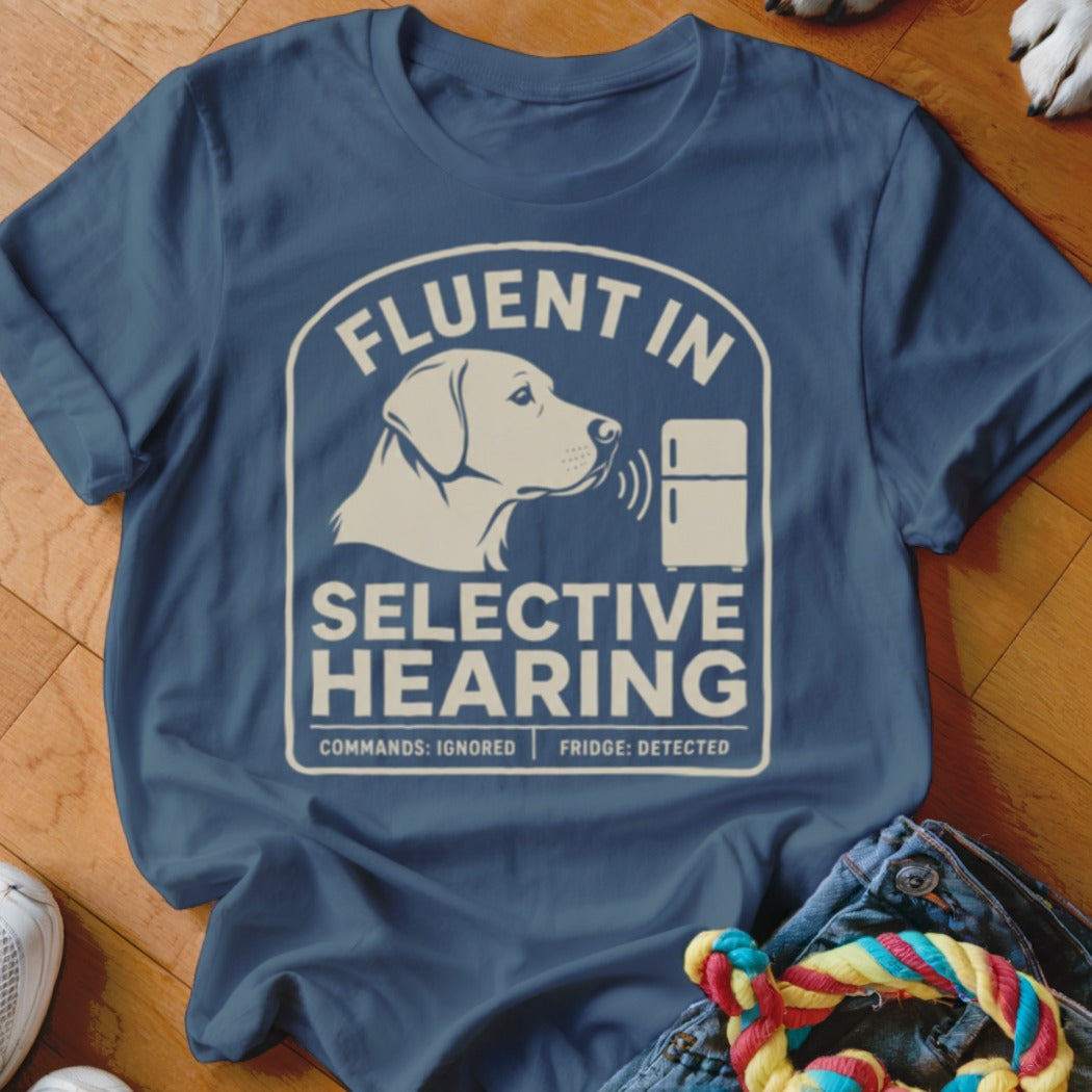 Blue t-shirt featuring a dog's profile and text "Fluent in Selective Hearing."