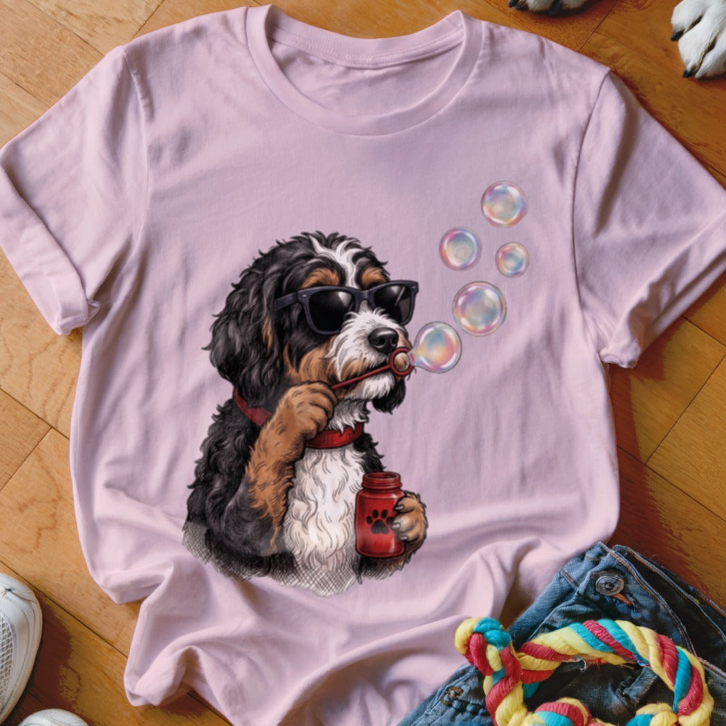 A light pink crewneck t-shirt featuring an illustration of a Bernedoodle wearing sunglasses and blowing soap bubbles.