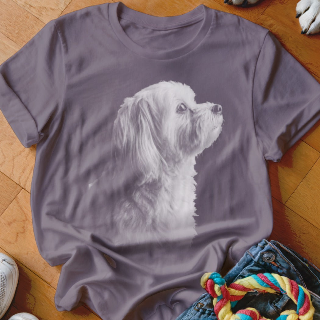 Grey t-shirt with a white dog portrait in profile.
