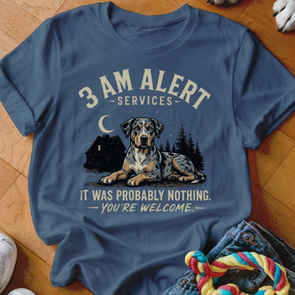 Blue t-shirt with "3 AM Alert Services" and a dog in a nighttime scene.