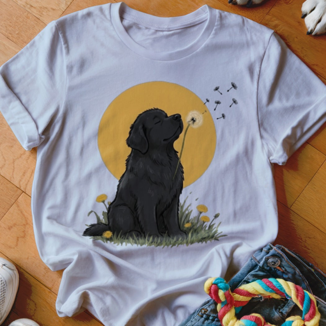 A white t-shirt featuring an illustration of a black dog blowing dandelion seeds against a yellow circle background.