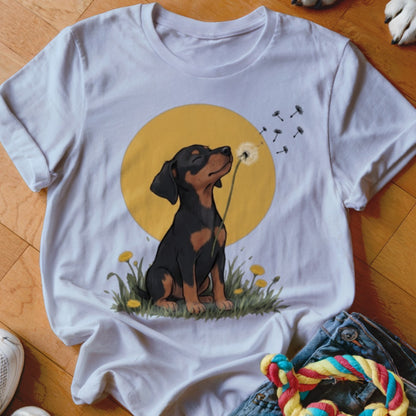 A white t-shirt featuring a graphic of a black and tan puppy blowing dandelion seeds against a yellow circle.